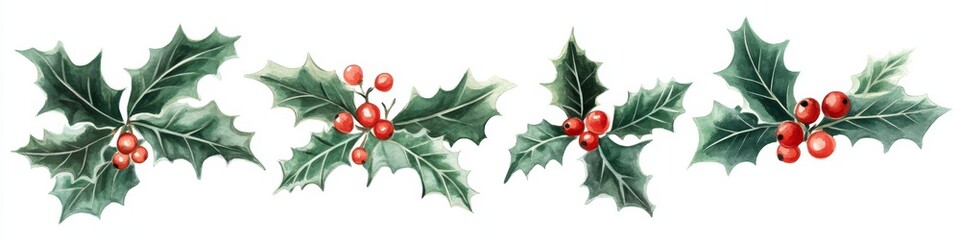 Four watercolor holly sprigs with red berries isolated on white background.