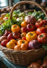 A wicker basket overflowing with colorful fresh vegetables and strawberries