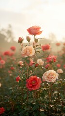 Obraz premium Sunrise over rose fields nature textured floral landscape serene environment soft light viewpoint
