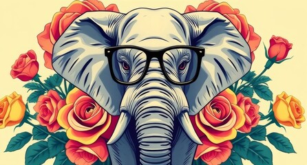 Obraz premium An elegant elephant wearing glasses, adorned with roses, set against a vibrant yellow backdrop.