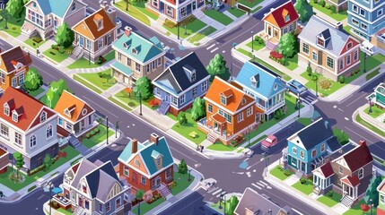 Charming Neighborhood: An Isometric View of Colorful Houses and Streets
