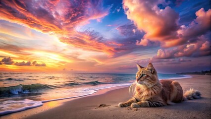Surreal Sunset Beach Cat Vacation: Dreamy Coastal Feline Escape