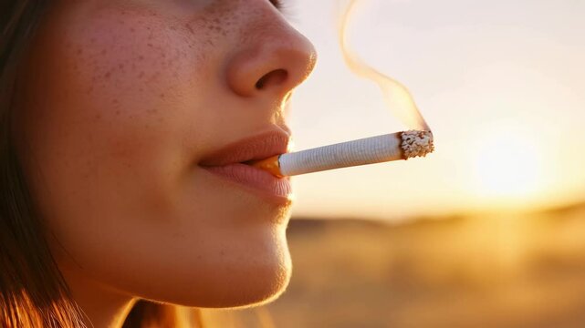 Close-up of a woman smoking a cigarette outdoors at sunset