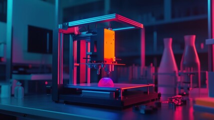 Futuristic 3D Printer Creating Object in Neon Lab Setting