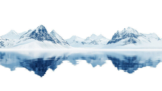The reflection of snow capped mountains and lake water in winter, Transparent background, on white background, PNG free cutout