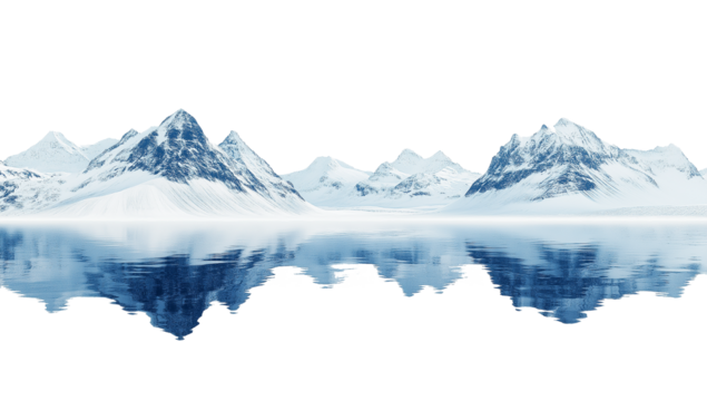 The reflection of snow capped mountains and lake water in winter, Transparent background, on white background, PNG free cutout