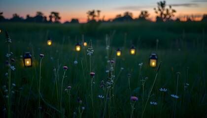 a field full of grass with some lights in the grass