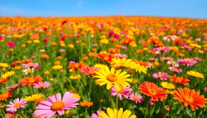 Obraz premium a field full of colorful flowers under a blue sky