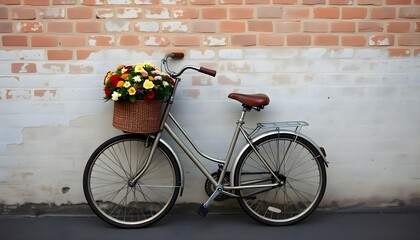Naklejka premium a bicycle with a basket of flowers parked against a brick wall