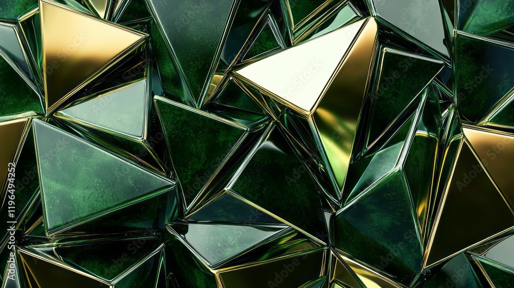 Poster A captivating arrangement of sharp triangles in bold olive green and shimmering gold creates a dynamic and textured composition, perfect for modern design enthusiasts interested in geometry