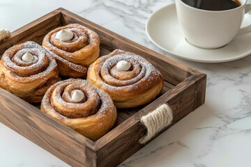 Fototapeta premium A wooden tray with cinnamon rolls and a cup of coffee isolated on a marble table background