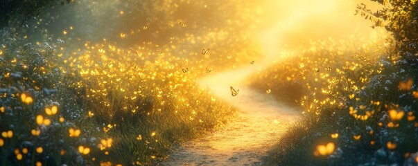 Enchanting butterfly pathway nature trails scenic photography golden glow serene atmosphere tranquil concept for nature lovers