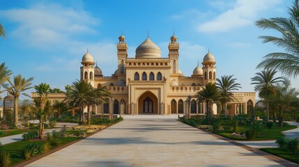 Naklejka premium Magnificent Mosque in the Desert Oasis: Architectural Marvel Under the Sunny Sky
