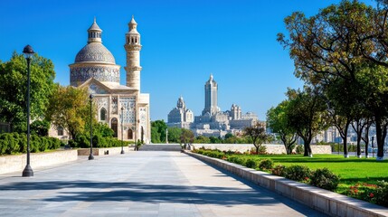 Sunny cityscape with church and park