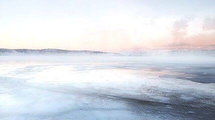 Obraz premium Frozen lake at sunrise, misty winter landscape with pastel sky.