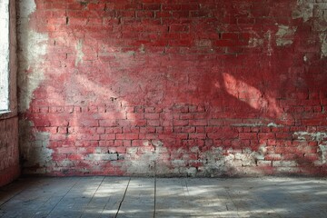 Sunlit red brick wall in empty room.