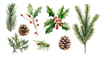 Watercolor Christmas elements holly, pine, fir, cones, berries.
