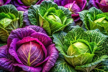 Obraz premium Vibrant Purple & Green Cabbage Display: Fresh Produce Market Stall Photo
