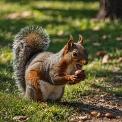 Obraz premium A cheerful squirrel holding a nut in a sunny park.