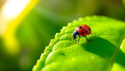 Naklejka premium a lady bug sitting on top of a green leaf