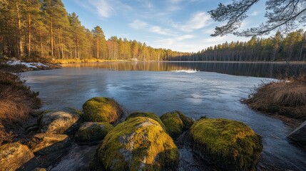 Obraz premium Tranquil winter lake scene forested area nature photography frosty landscape daytime perspective serenity in nature