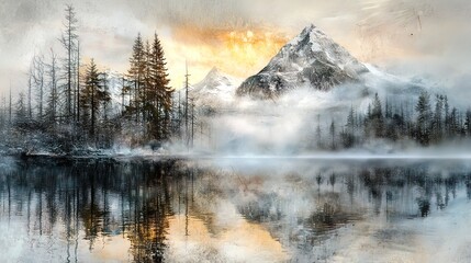 Fototapeta premium Misty mountain lake reflecting sunrise, snow-covered trees, and peaks.