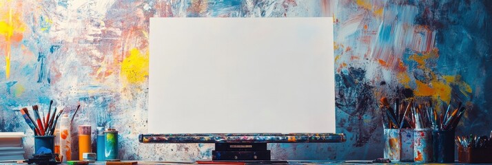 Blank Canvas Ready for Painting in Artistic Studio with Paintbrushes and Paints