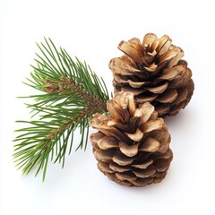 Two pine cones and a pine branch on white.