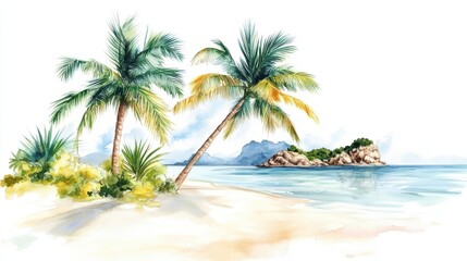 Fototapeta premium Watercolor palm tree, island, beach, sand isolated on white background. Hand painting on paper. 