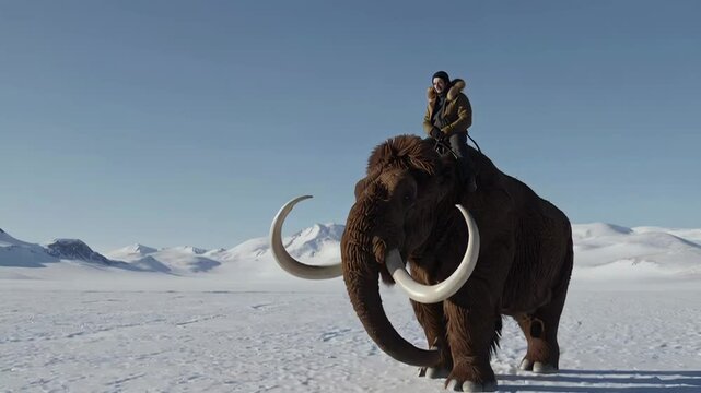 A majestic woolly mammoth with a rider moves across a snowy tundra under a clear blue sky, surrounded by distant mountains