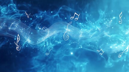 Vibrant music notes glowing on a bright blue stage image