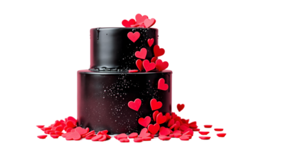A Black-tiered Cake With Delicate Red Heart Decorations Cascading Down for Valentines Day 