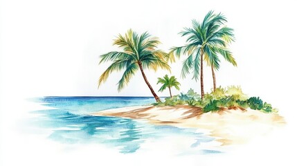 Watercolor palm tree, island, beach, sand isolated on white background. Hand painting on paper. 