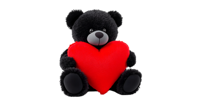 A Black Teddy Bear Holding a Bright Red Heart Pillow, Sitting for Valentines Day 