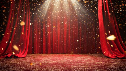 Red velvet stage curtains with spotlight and confetti.