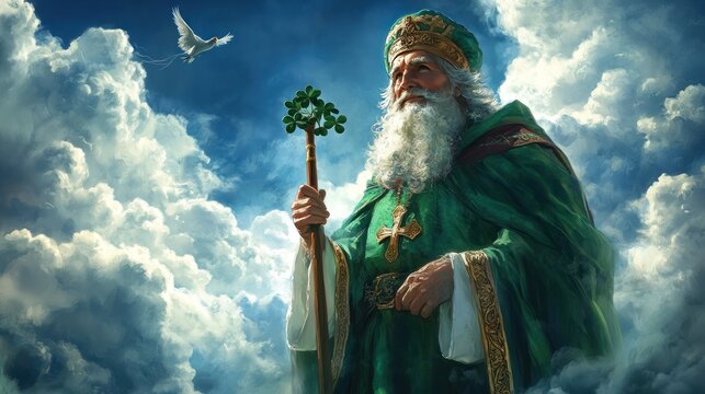 St Patrick holding his staff and wearing green robes, standing in the clouds with blue sky behind him. He has white hair, beard of grey color, small red hat on head, gold cross around neck, shamrock h