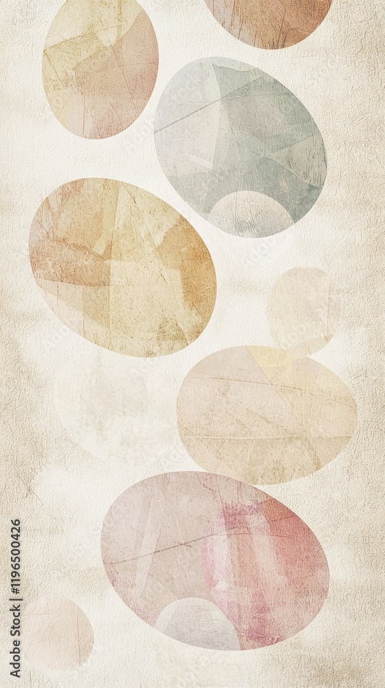 Poster soft pastel-colored ovals gracefully float against a textured backdrop, inviting viewers to experien