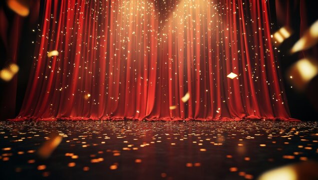 Red velvet stage curtain with gold confetti falling under spotlight.