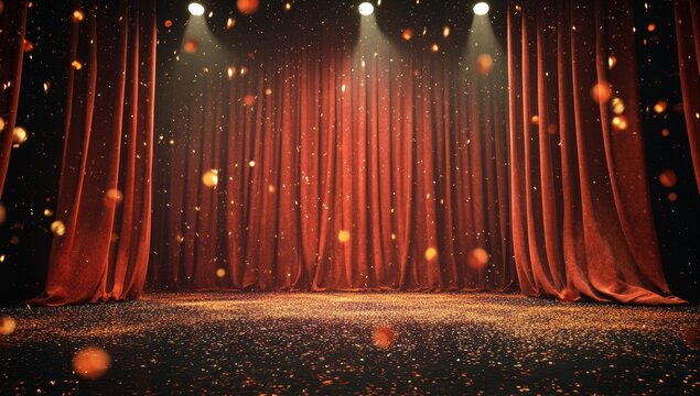 Red velvet stage curtains illuminated by spotlights, with golden confetti falling.