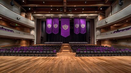 Auditorium stage, banners, empty seats, graduation ceremony, venue rental