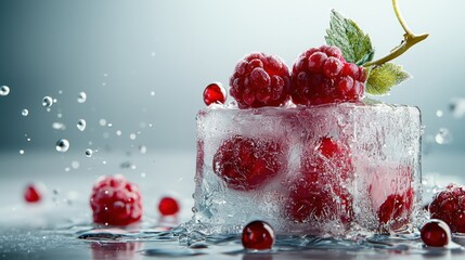 Captivating frozen berry sculpture white background ice block photography studio environment close-up perspective visual concept of nature's beauty