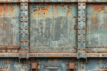 Photo of Side view of rust metal wall of railway wagon side part. Background texture for backdrops or mapping