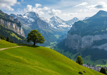 Fototapeta premium Idyllic tree on a lush green hill in Jaun Switzerland with Alpine peaks under a partly cloudy summer sky