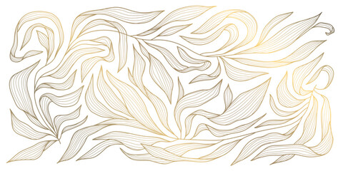 Vector art deco floral pattern, wavy luxury golden line background. Leaves texture, line design for interior, textile, poster, package, wrappers, gifts.