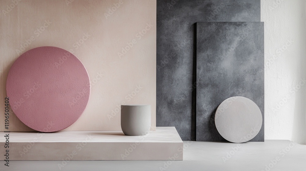 Aufkleber Minimalist circular shapes in muted tones interact with textured panels. A serene atmosphere envelops the unique design elements, showcasing simplicity and elegance in a modern space