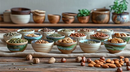 Many kind of nuts  served in traditional handmade pottery cups