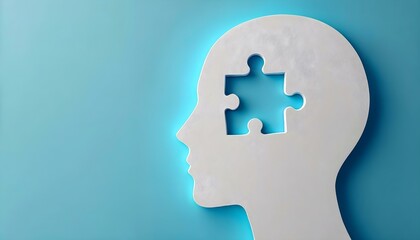 A white head silhouette with a missing puzzle piece, expressing the concept of mental health and the journey toward completeness