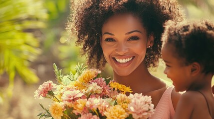 A mother receiving a bouquet of flowers from her children on Mother's Day, smiling with joy.