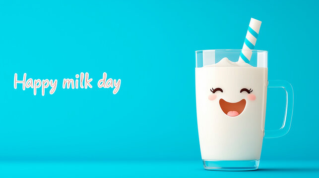 "World Milk Day greeting banner featuring a funny cartoon of a cute, smiling milk glass character on an azure background. Perfect for celebrating milk day with a playful and kawaii food them
