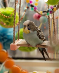 Cute bird sitting on a tree branch surrounded by nature and spring flowers in a cartoon style